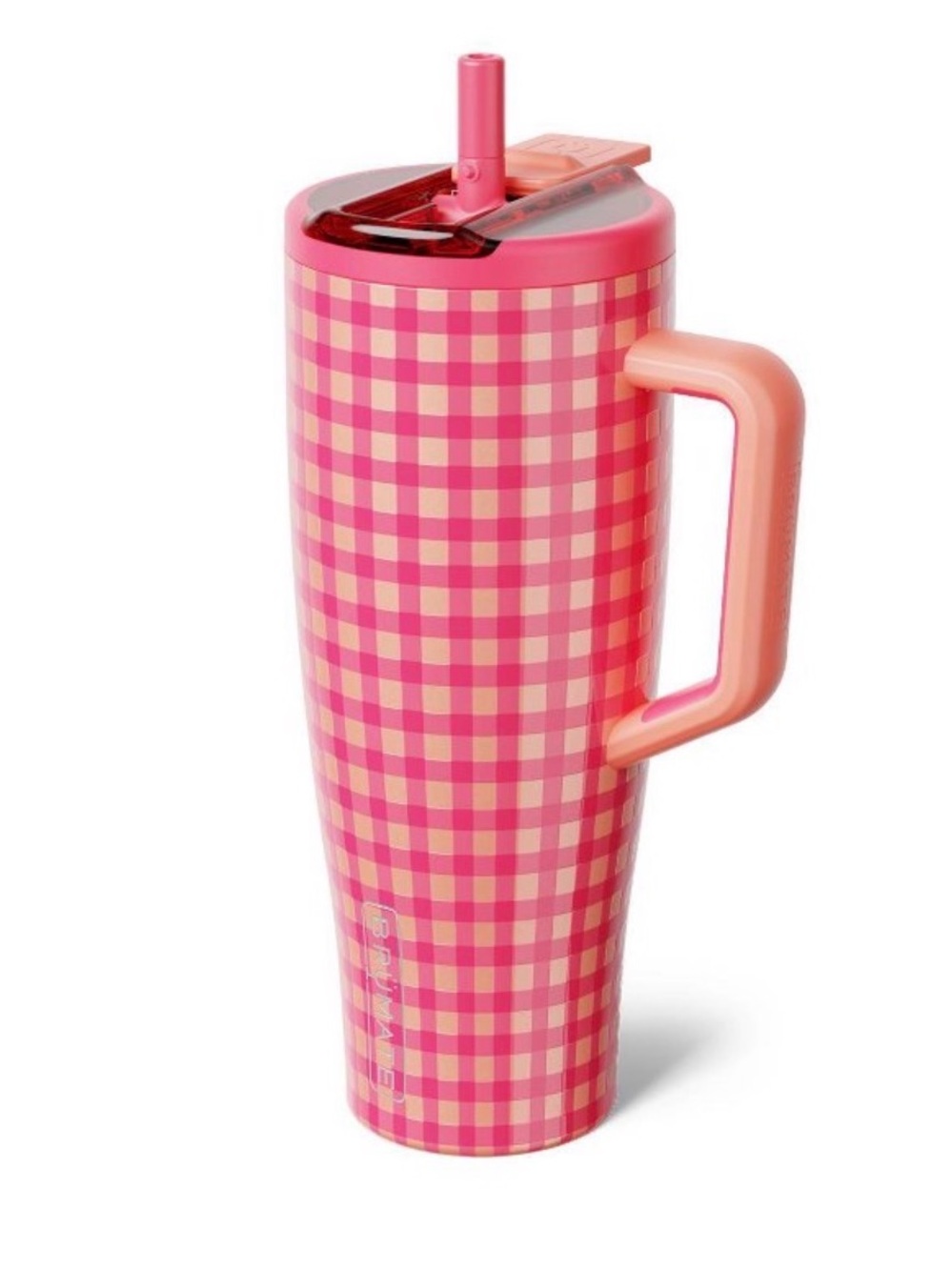 Pink Gingham Travel Tumbler with Handle and Straw